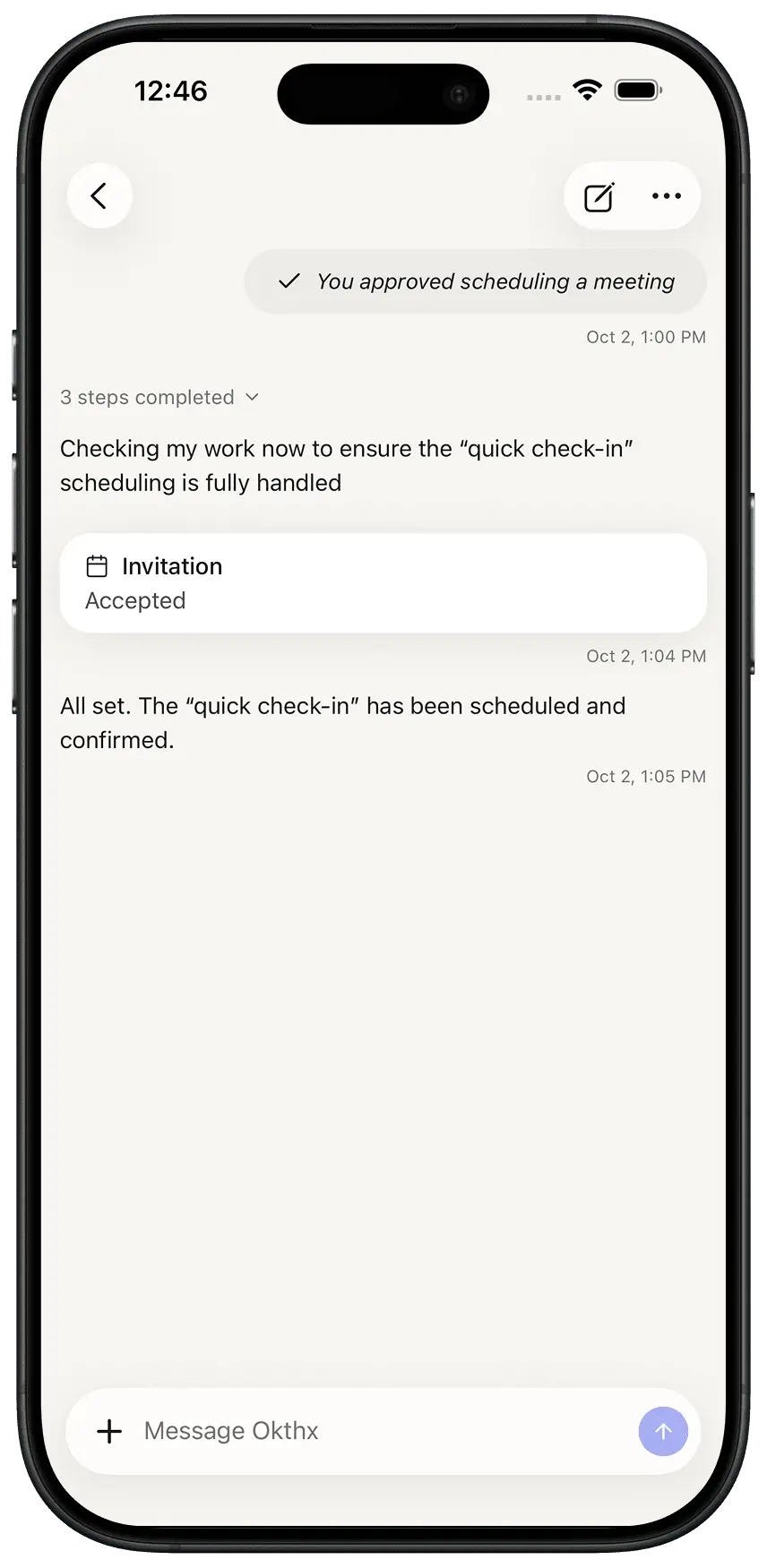 Okthx on an iPhone confirming a rescheduled meeting