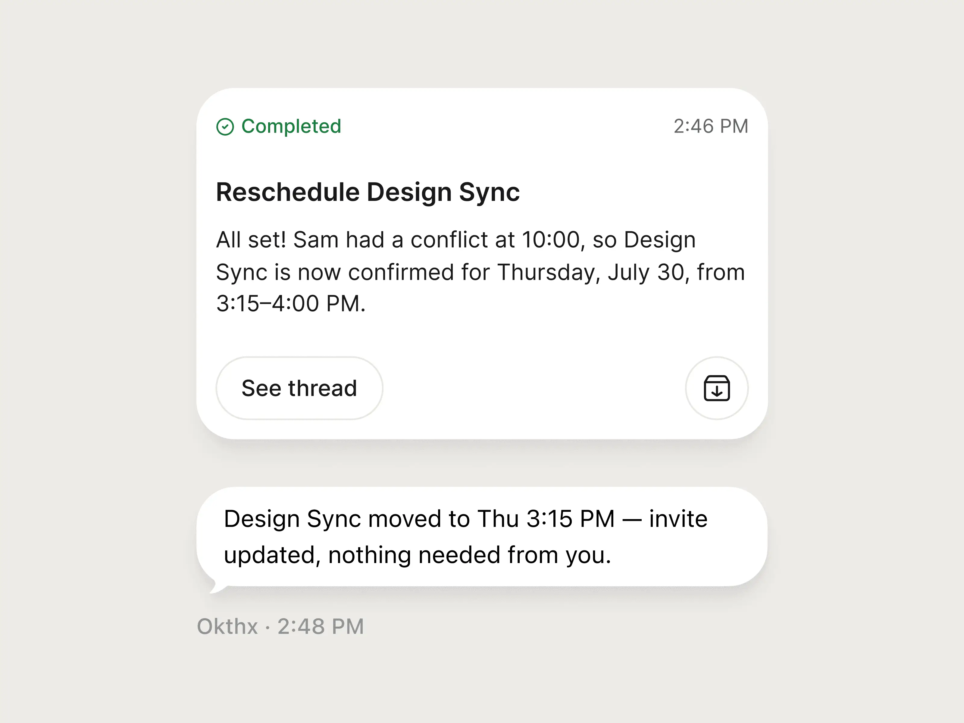 A rescheduled design sync confirmed by Okthx